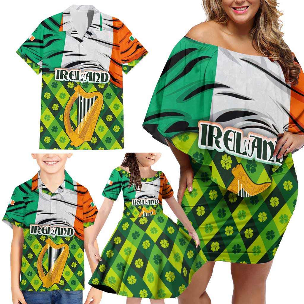 Ireland Family Matching Off Shoulder Short Dress and Hawaiian Shirt with Irish Flag Harp and Shamrock Pattern Design