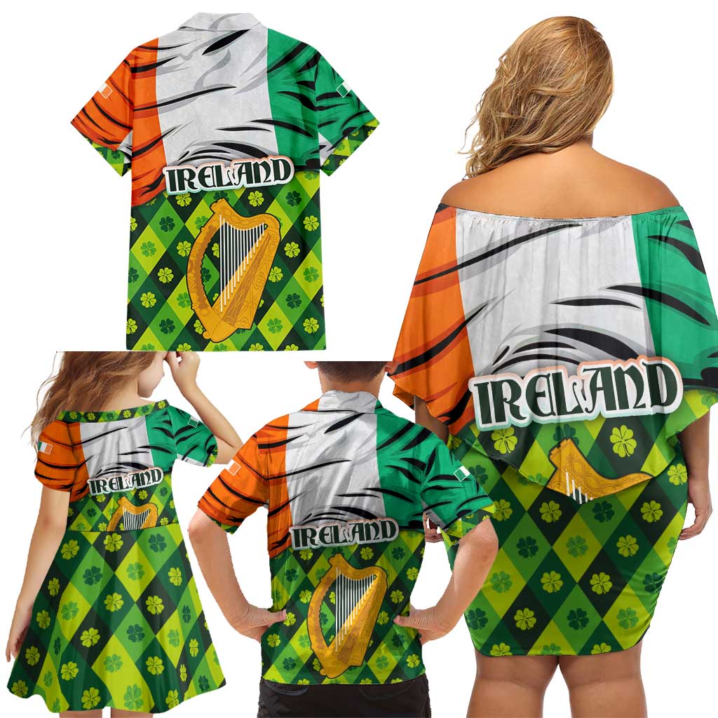 Ireland Family Matching Off Shoulder Short Dress and Hawaiian Shirt with Irish Flag Harp and Shamrock Pattern Design