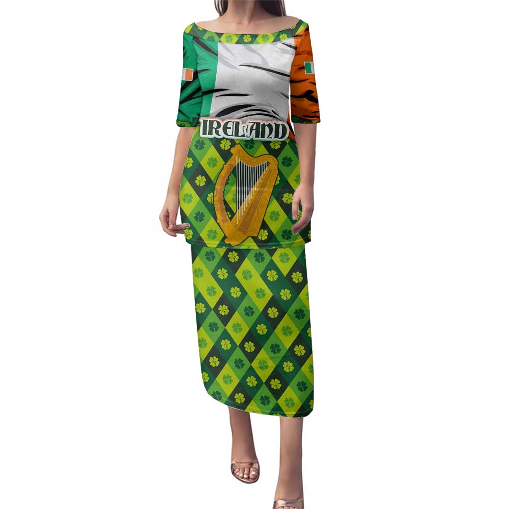 Ireland Family Matching Puletasi and Hawaiian Shirt with Irish Flag Harp and Shamrock Pattern Design