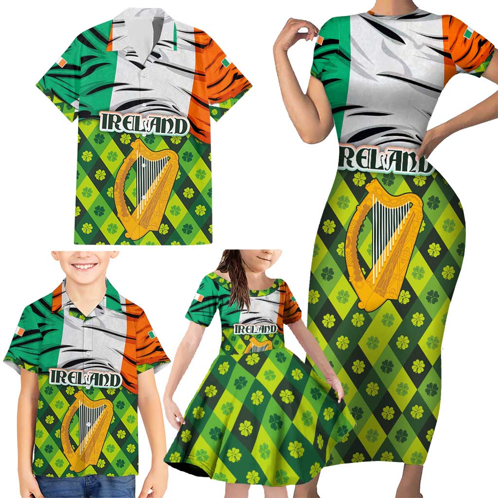 Ireland Family Matching Short Sleeve Bodycon Dress and Hawaiian Shirt with Irish Flag Harp and Shamrock Pattern Design