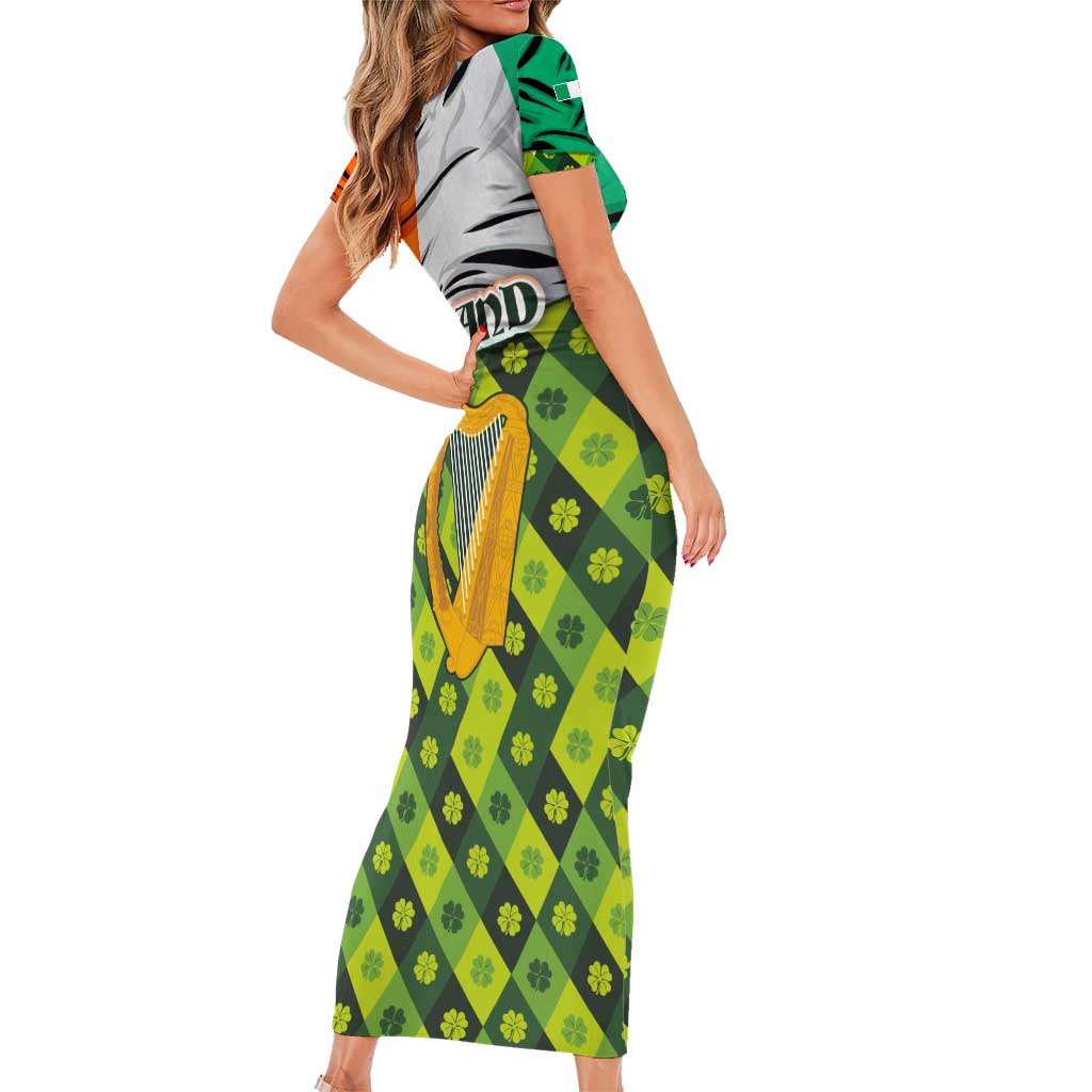 Ireland Family Matching Short Sleeve Bodycon Dress and Hawaiian Shirt with Irish Flag Harp and Shamrock Pattern Design