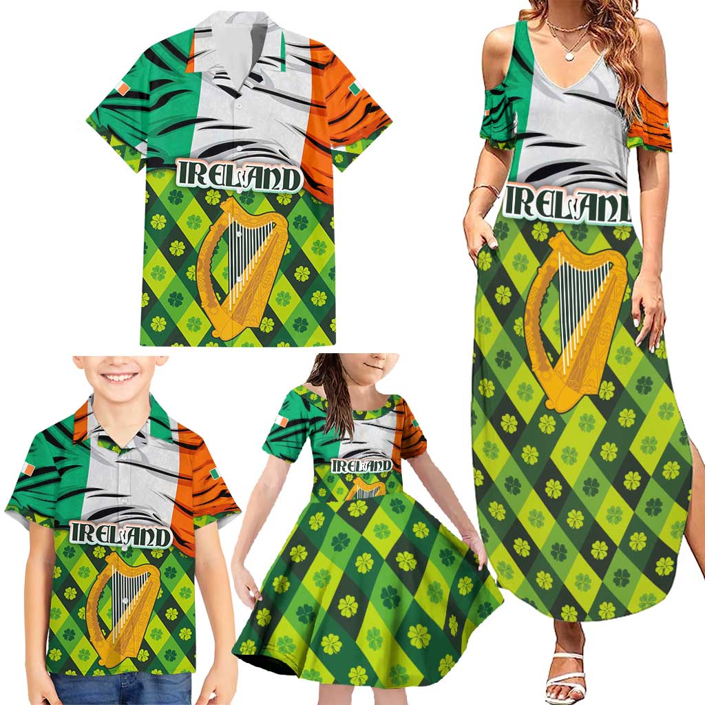 Ireland Family Matching Summer Maxi Dress and Hawaiian Shirt with Irish Flag Harp and Shamrock Pattern Design