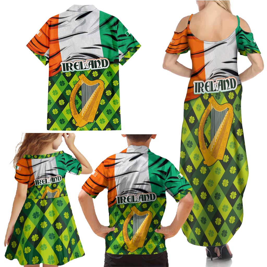Ireland Family Matching Summer Maxi Dress and Hawaiian Shirt with Irish Flag Harp and Shamrock Pattern Design