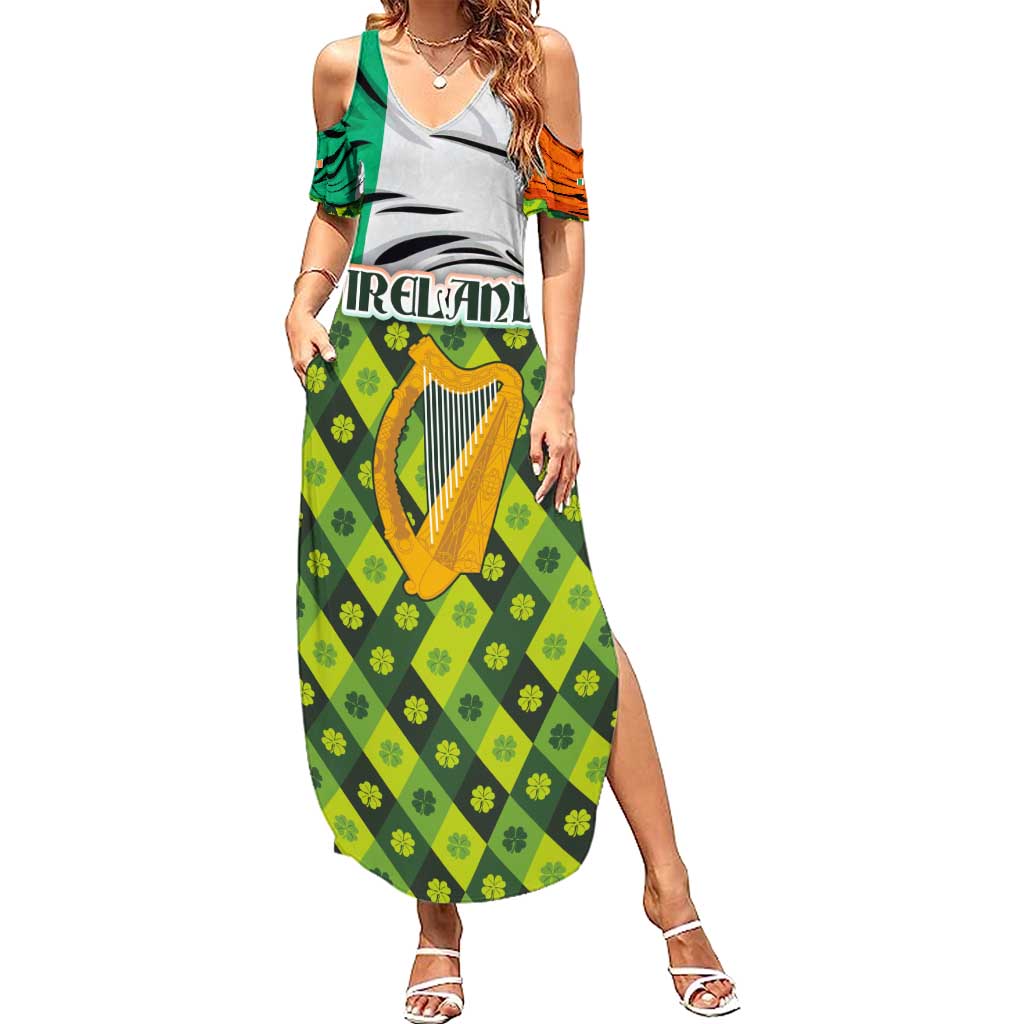 Ireland Family Matching Summer Maxi Dress and Hawaiian Shirt with Irish Flag Harp and Shamrock Pattern Design