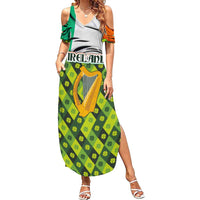 Ireland Family Matching Summer Maxi Dress and Hawaiian Shirt with Irish Flag Harp and Shamrock Pattern Design