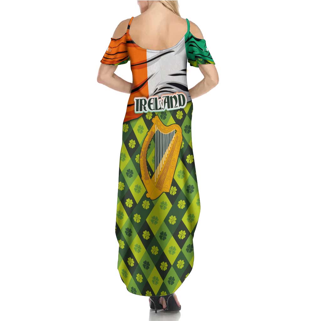 Ireland Family Matching Summer Maxi Dress and Hawaiian Shirt with Irish Flag Harp and Shamrock Pattern Design