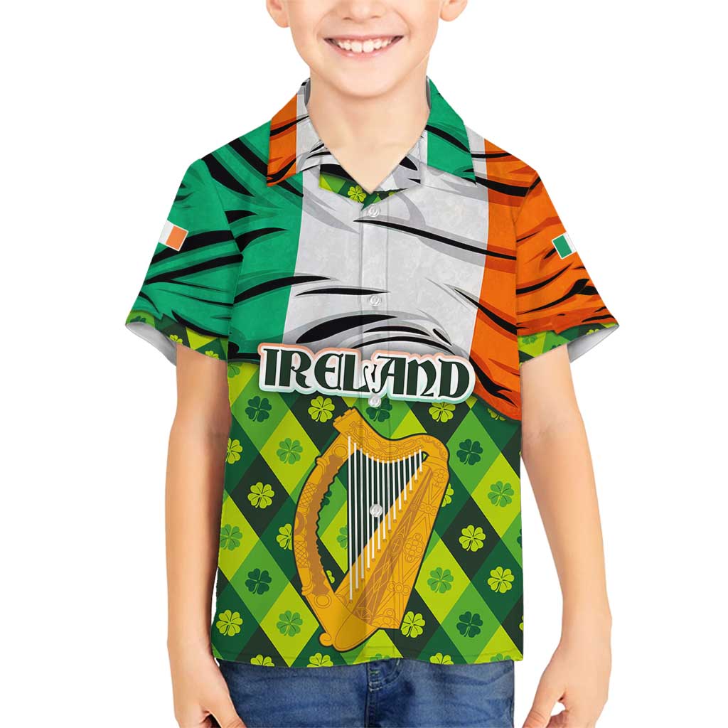 Ireland Family Matching Summer Maxi Dress and Hawaiian Shirt with Irish Flag Harp and Shamrock Pattern Design