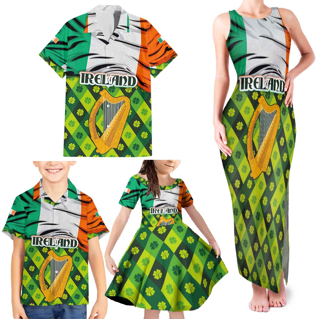 Ireland Family Matching Tank Maxi Dress and Hawaiian Shirt with Irish Flag Harp and Shamrock Pattern Design