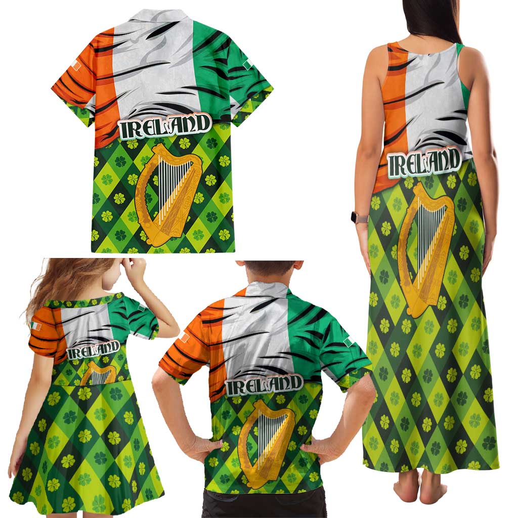 Ireland Family Matching Tank Maxi Dress and Hawaiian Shirt with Irish Flag Harp and Shamrock Pattern Design