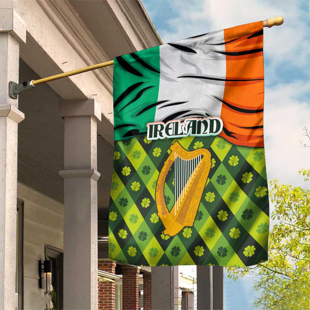 Ireland Garden Flag with Irish Flag Harp and Shamrock Pattern Design