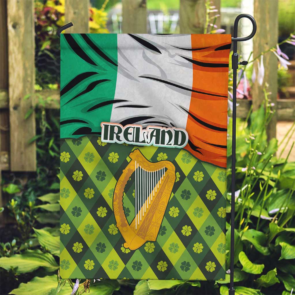 Ireland Garden Flag with Irish Flag Harp and Shamrock Pattern Design