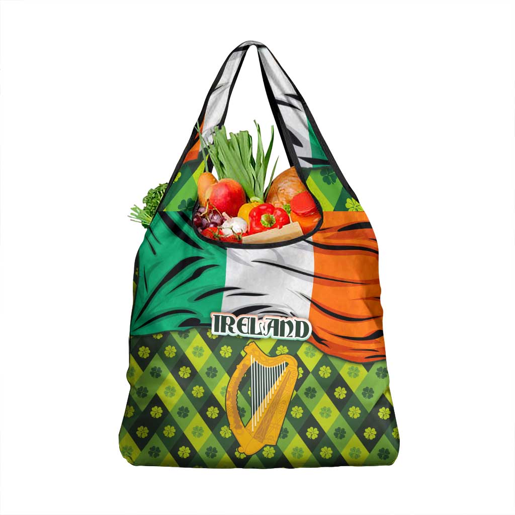 Ireland Grocery Bag with Irish Flag Harp and Shamrock Pattern Design