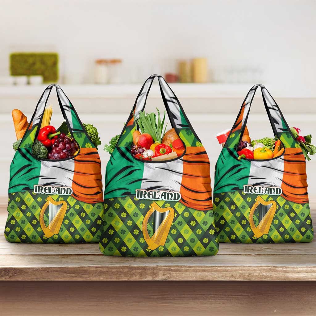 Ireland Grocery Bag with Irish Flag Harp and Shamrock Pattern Design