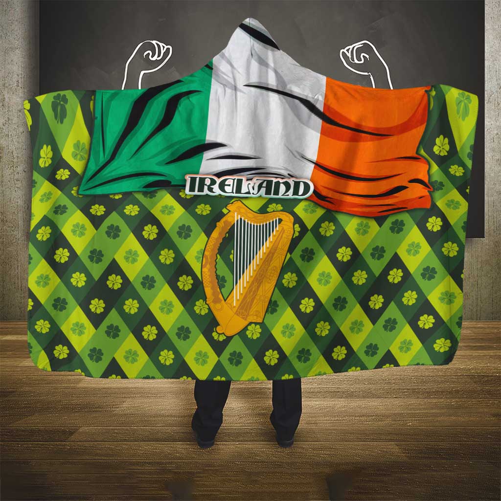 Ireland Hooded Blanket with Irish Flag Harp and Shamrock Pattern Design