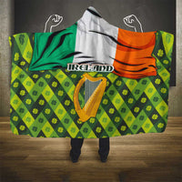 Ireland Hooded Blanket with Irish Flag Harp and Shamrock Pattern Design