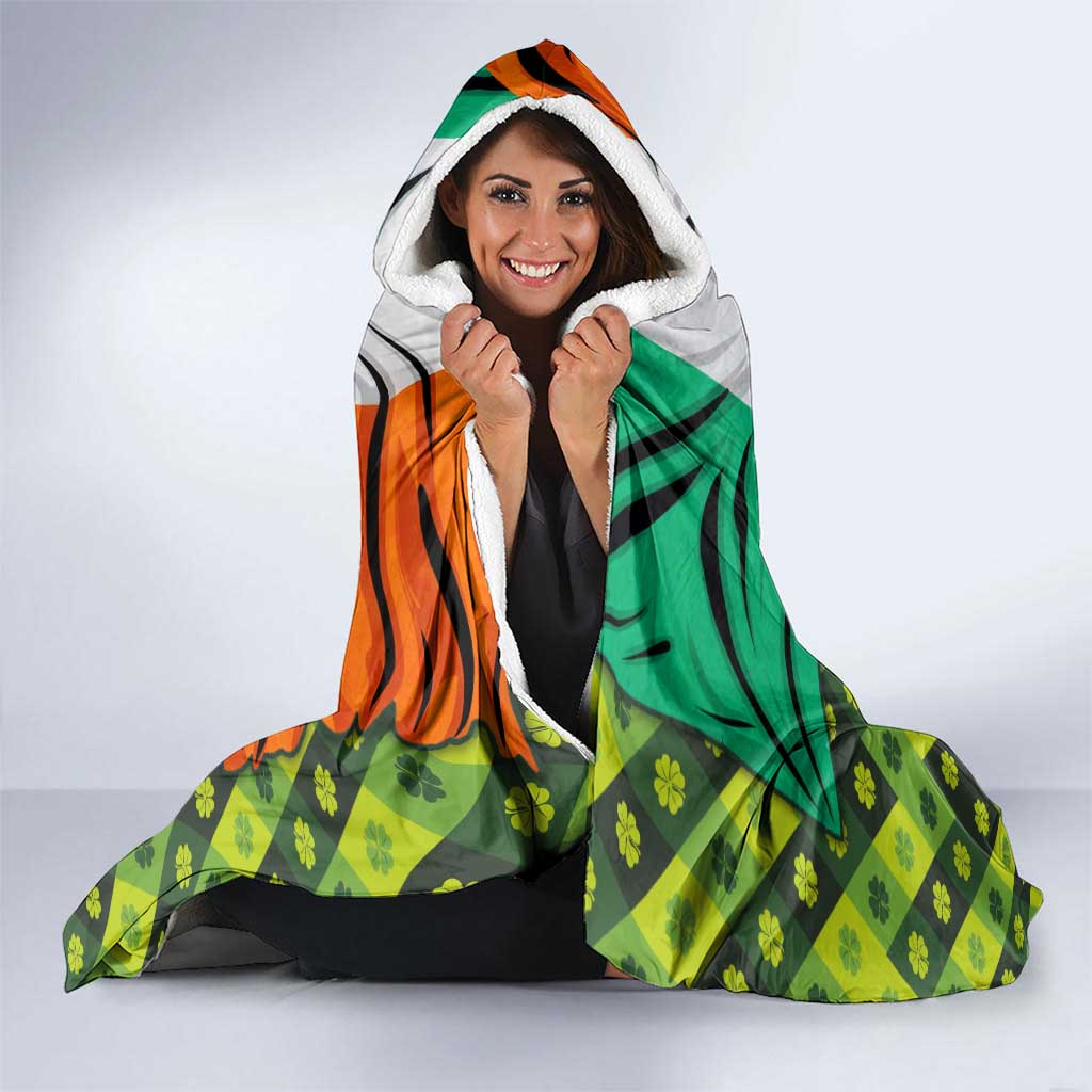 Ireland Hooded Blanket with Irish Flag Harp and Shamrock Pattern Design