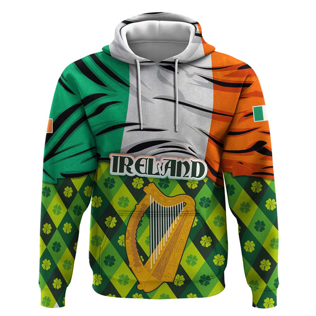 Ireland Hoodie with Irish Flag Harp and Shamrock Pattern Design