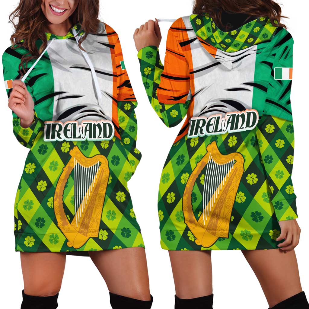 Ireland Hoodie Dress with Irish Flag Harp and Shamrock Pattern Design