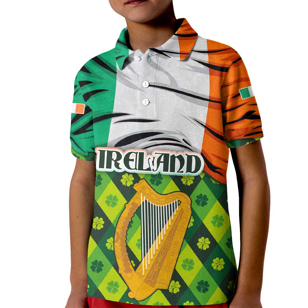 Ireland Kid Polo Shirt with Irish Flag Harp and Shamrock Pattern Design
