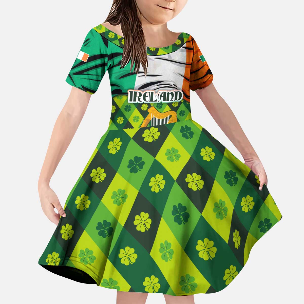 Ireland Kid Short Sleeve Dress with Irish Flag Harp and Shamrock Pattern Design