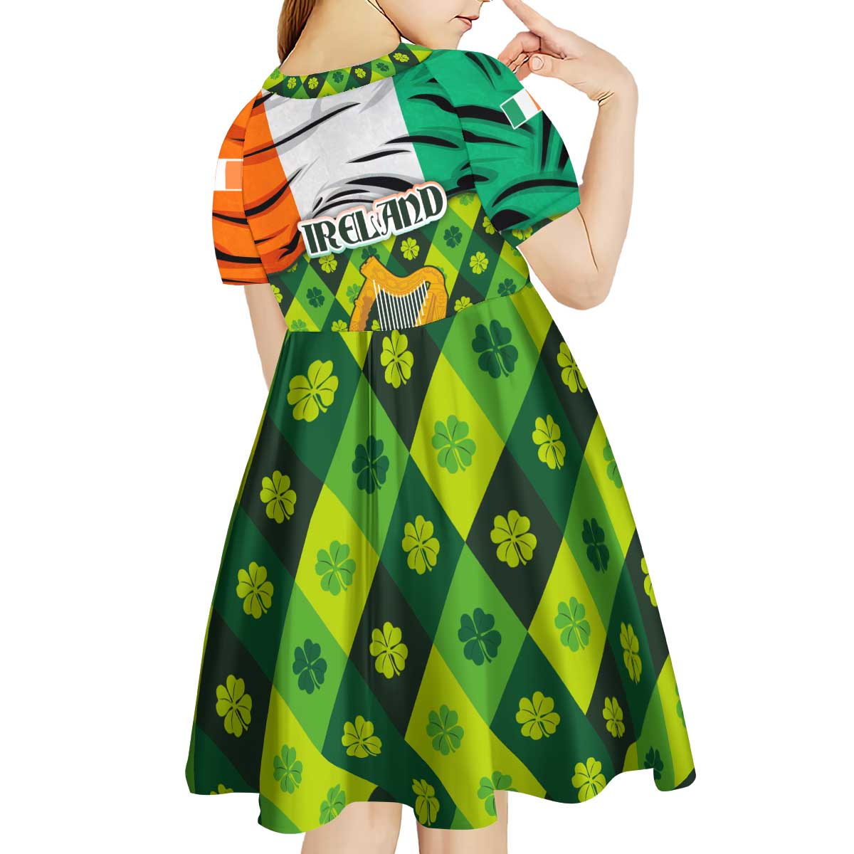 Ireland Kid Short Sleeve Dress with Irish Flag Harp and Shamrock Pattern Design