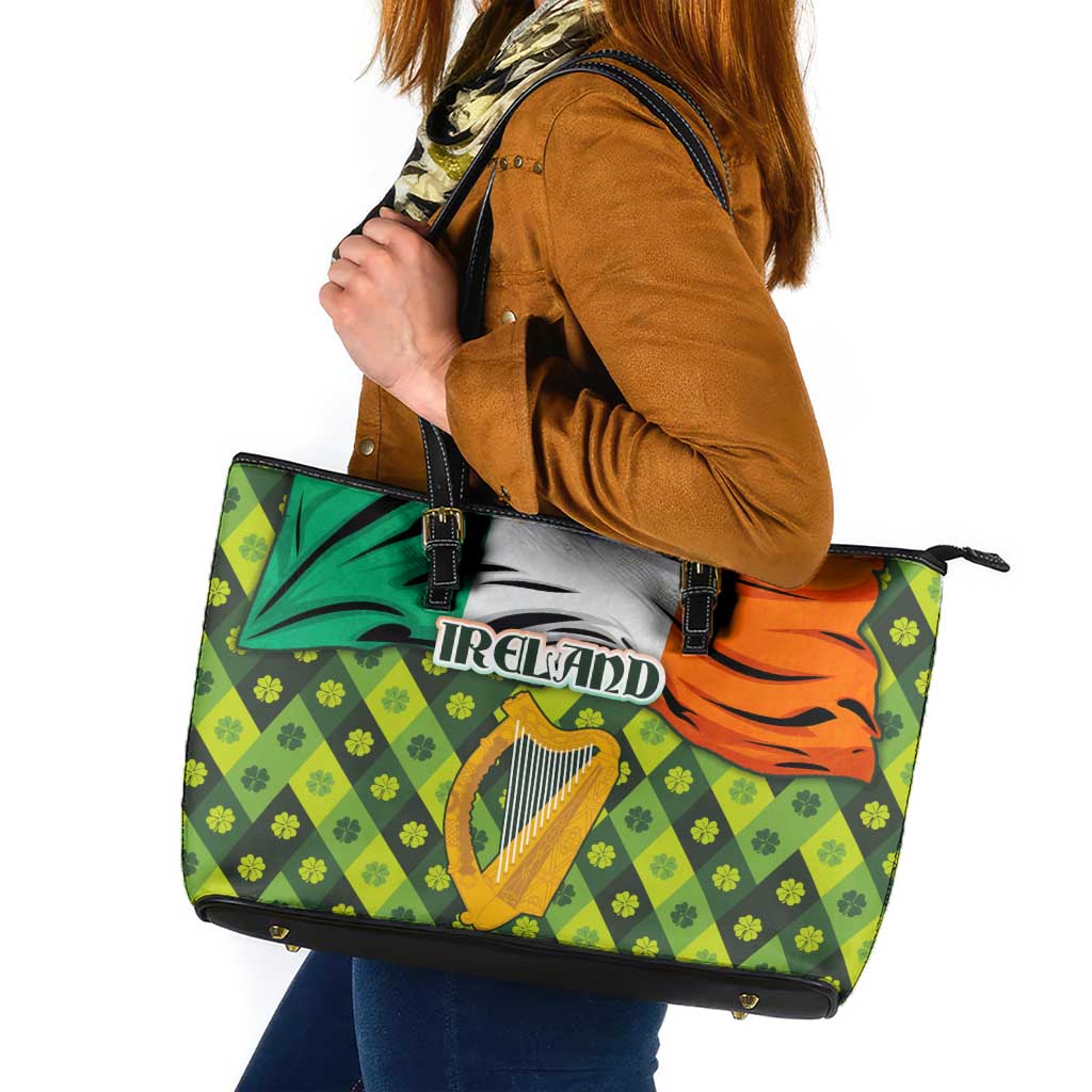 Ireland Leather Tote Bag with Irish Flag Harp and Shamrock Pattern Design