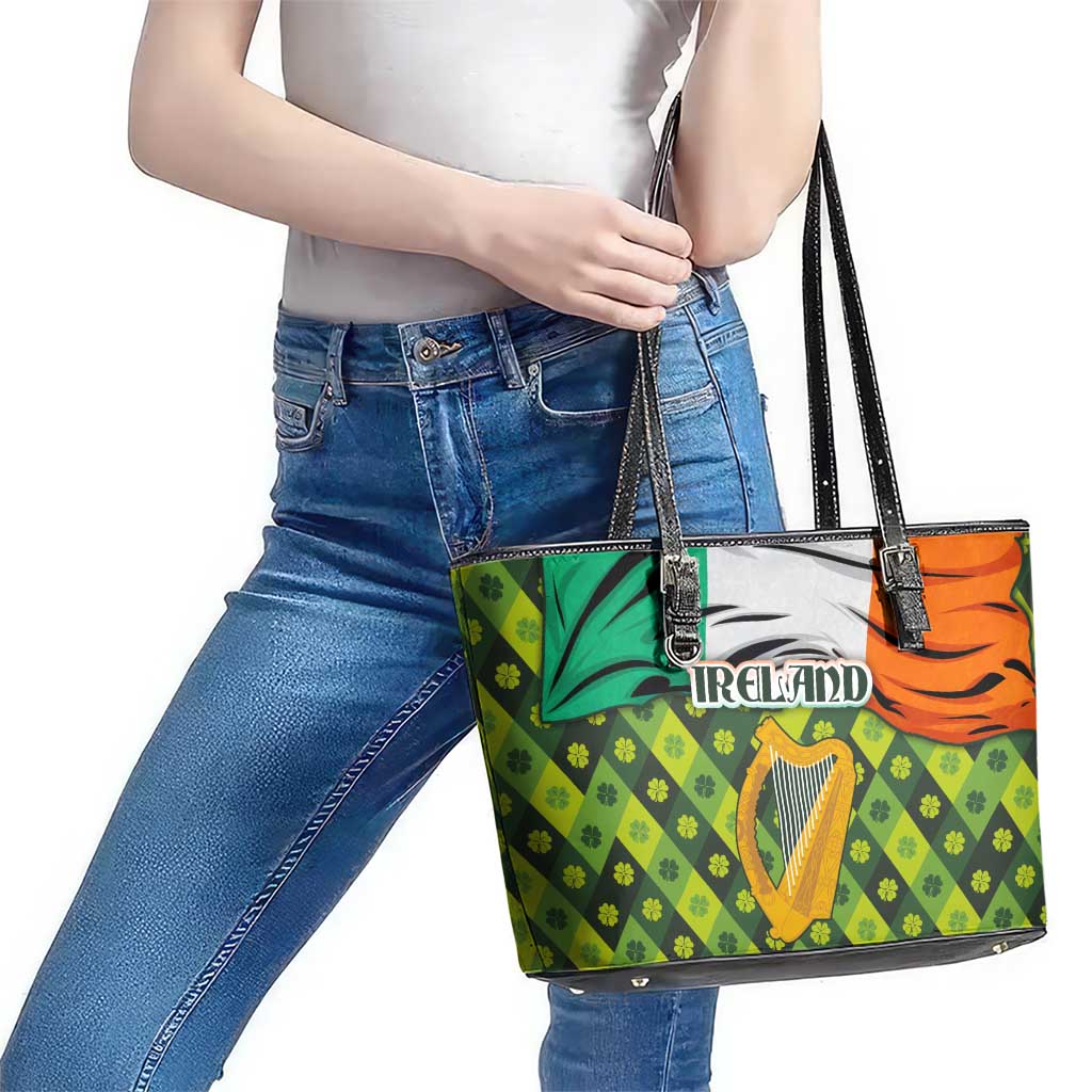 Ireland Leather Tote Bag with Irish Flag Harp and Shamrock Pattern Design