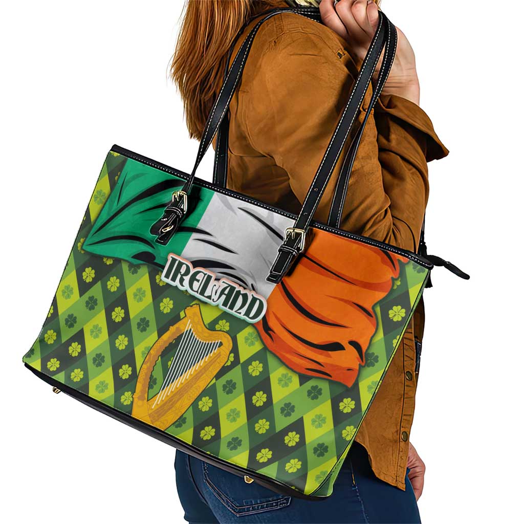 Ireland Leather Tote Bag with Irish Flag Harp and Shamrock Pattern Design