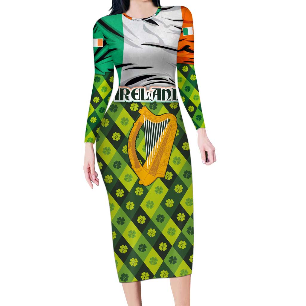 Ireland Long Sleeve Bodycon Dress with Irish Flag Harp and Shamrock Pattern Design