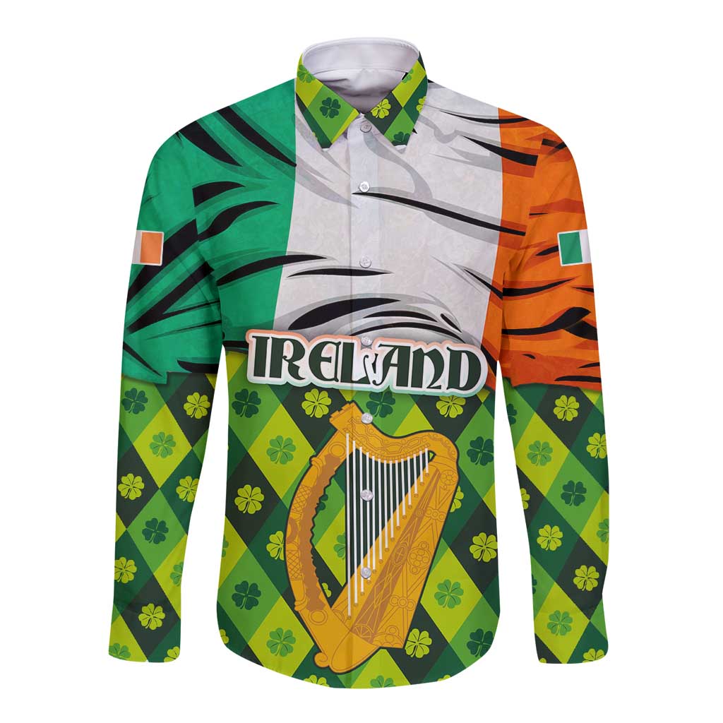 Ireland Long Sleeve Button Shirt with Irish Flag Harp and Shamrock Pattern Design