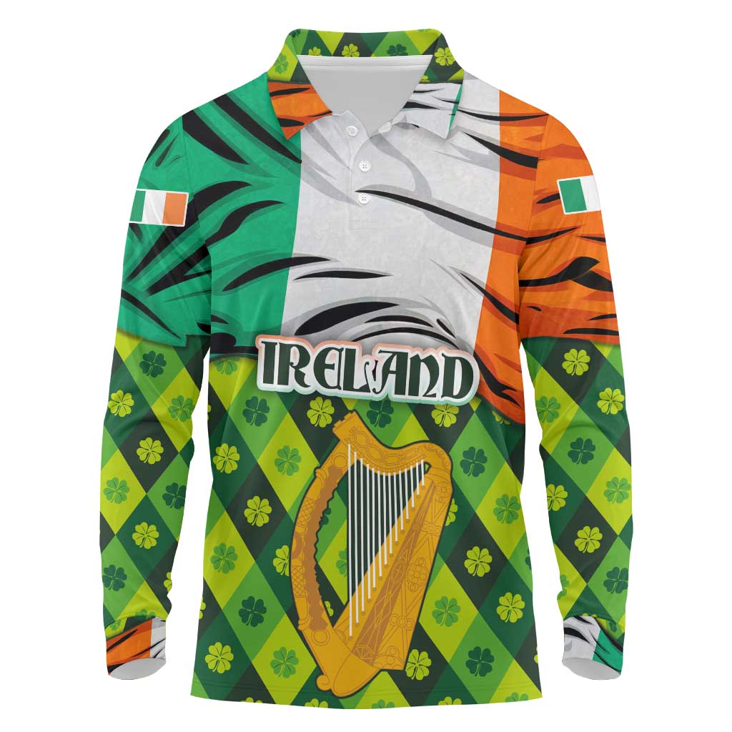 Ireland Long Sleeve Polo Shirt with Irish Flag Harp and Shamrock Pattern Design