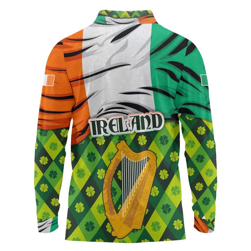 Ireland Long Sleeve Polo Shirt with Irish Flag Harp and Shamrock Pattern Design