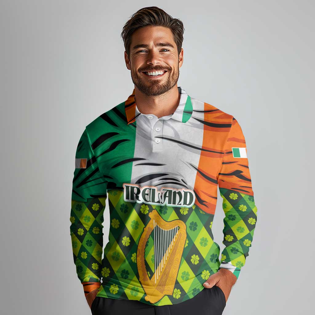 Ireland Long Sleeve Polo Shirt with Irish Flag Harp and Shamrock Pattern Design