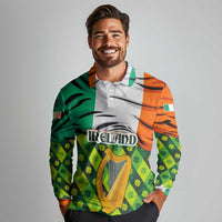 Ireland Long Sleeve Polo Shirt with Irish Flag Harp and Shamrock Pattern Design