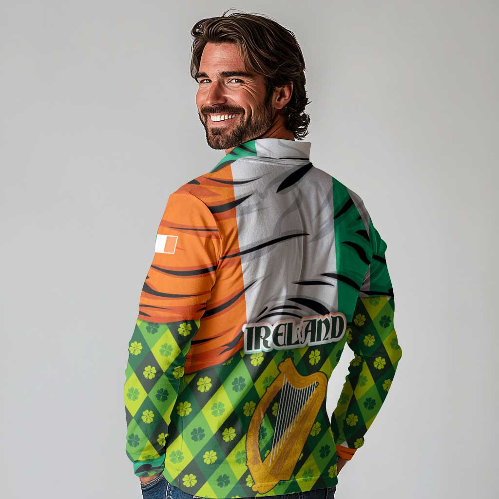 Ireland Long Sleeve Polo Shirt with Irish Flag Harp and Shamrock Pattern Design