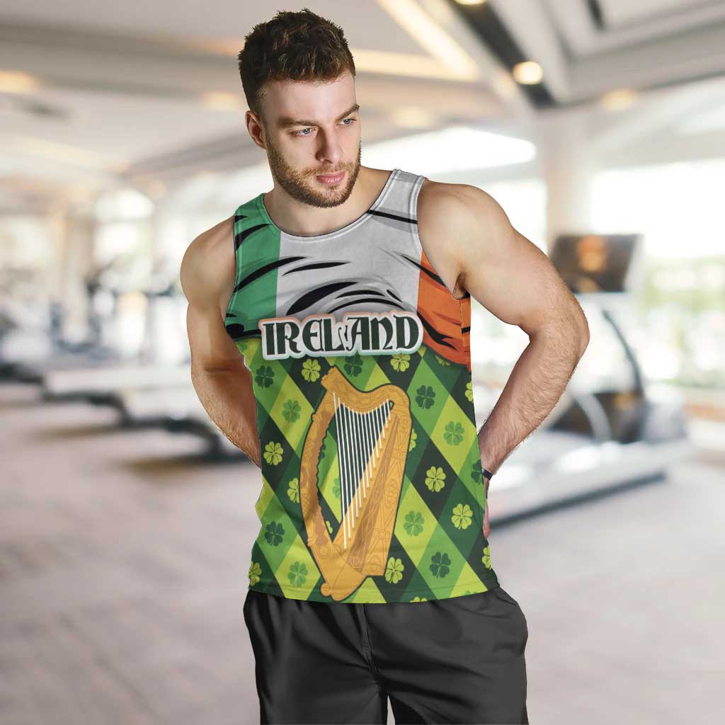 Ireland Men Tank Top with Irish Flag Harp and Shamrock Pattern Design