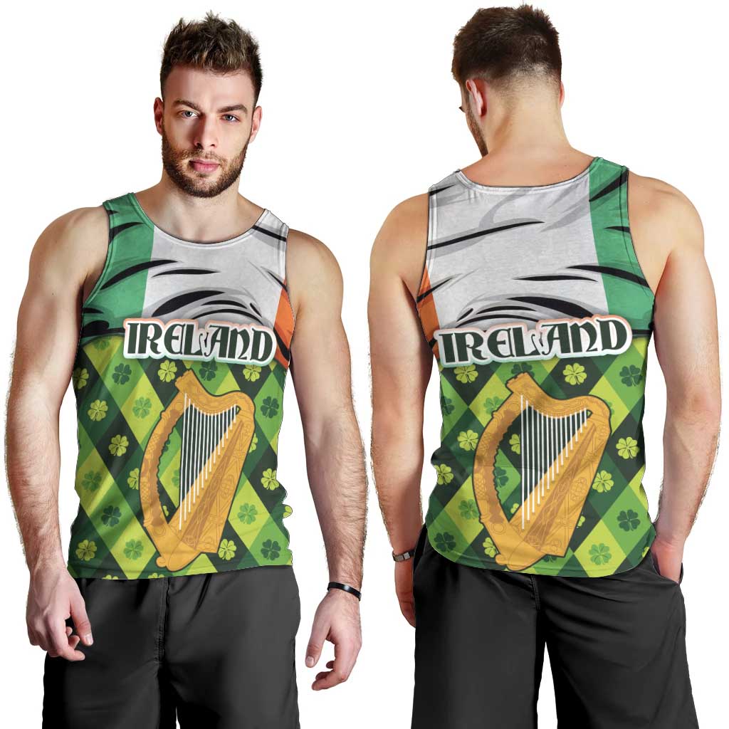 Ireland Men Tank Top with Irish Flag Harp and Shamrock Pattern Design