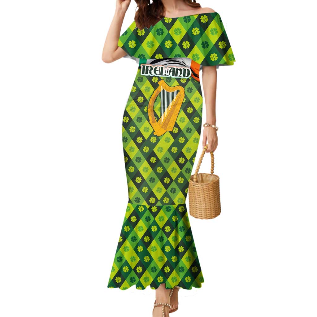 Ireland Mermaid Dress with Irish Flag Harp and Shamrock Pattern Design