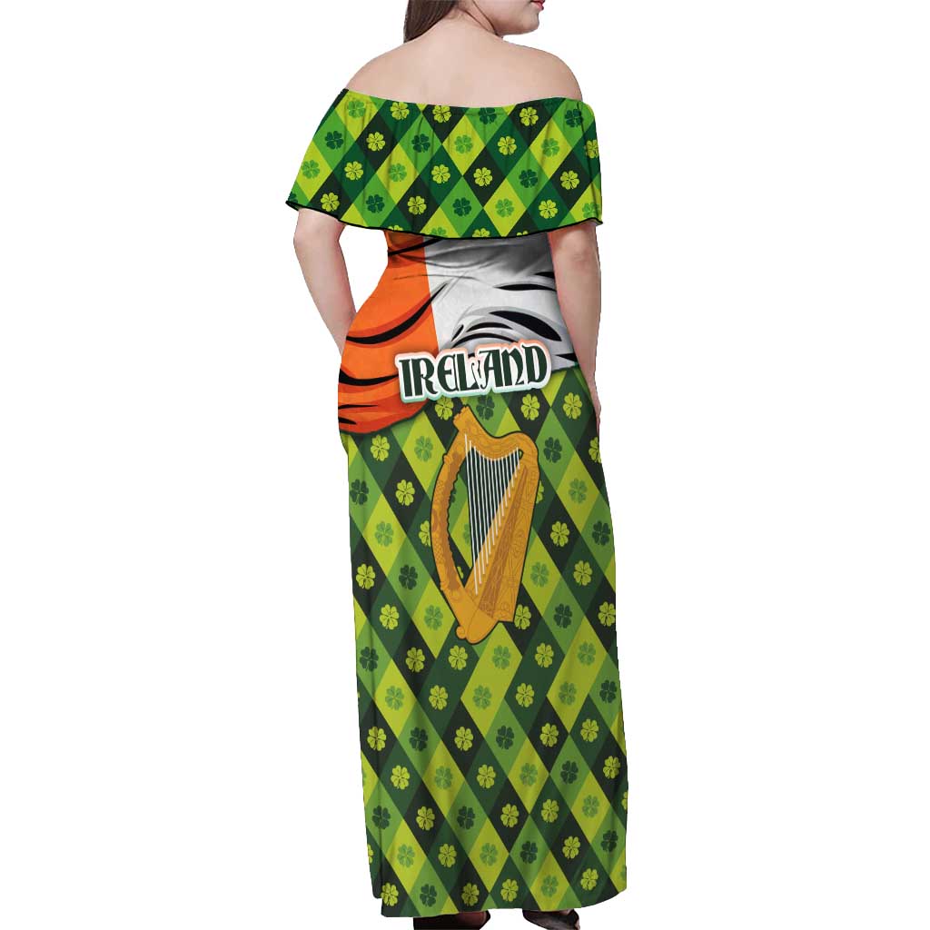 Ireland Off Shoulder Maxi Dress with Irish Flag Harp and Shamrock Pattern Design