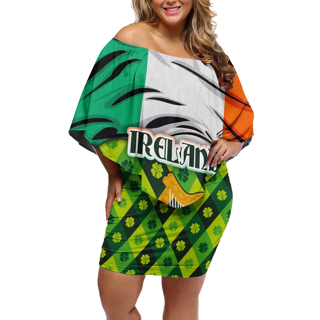 Ireland Off Shoulder Short Dress with Irish Flag Harp and Shamrock Pattern Design