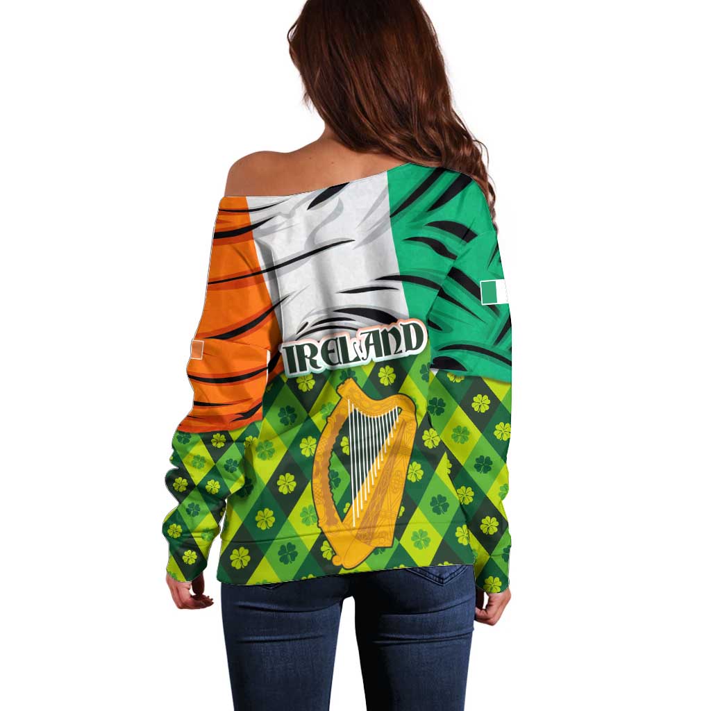 Ireland Off Shoulder Sweater with Irish Flag Harp and Shamrock Pattern Design