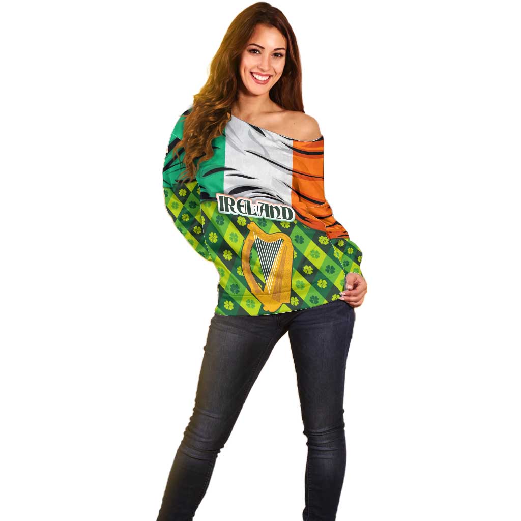 Ireland Off Shoulder Sweater with Irish Flag Harp and Shamrock Pattern Design