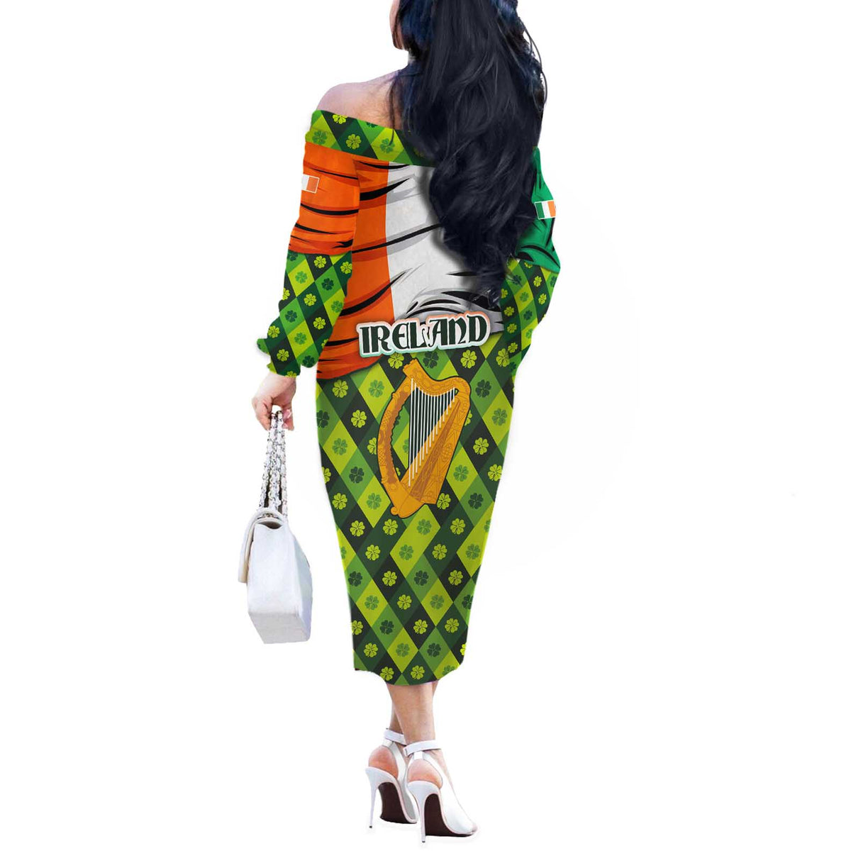 Ireland Off The Shoulder Long Sleeve Dress with Irish Flag Harp and Shamrock Pattern Design