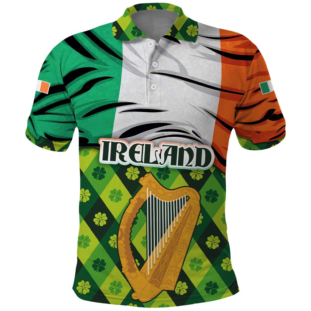 Ireland Polo Shirt with Irish Flag Harp and Shamrock Pattern Design