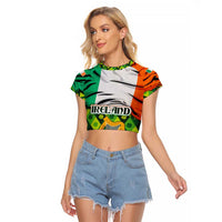 Ireland Raglan Cropped T Shirt with Irish Flag Harp and Shamrock Pattern Design