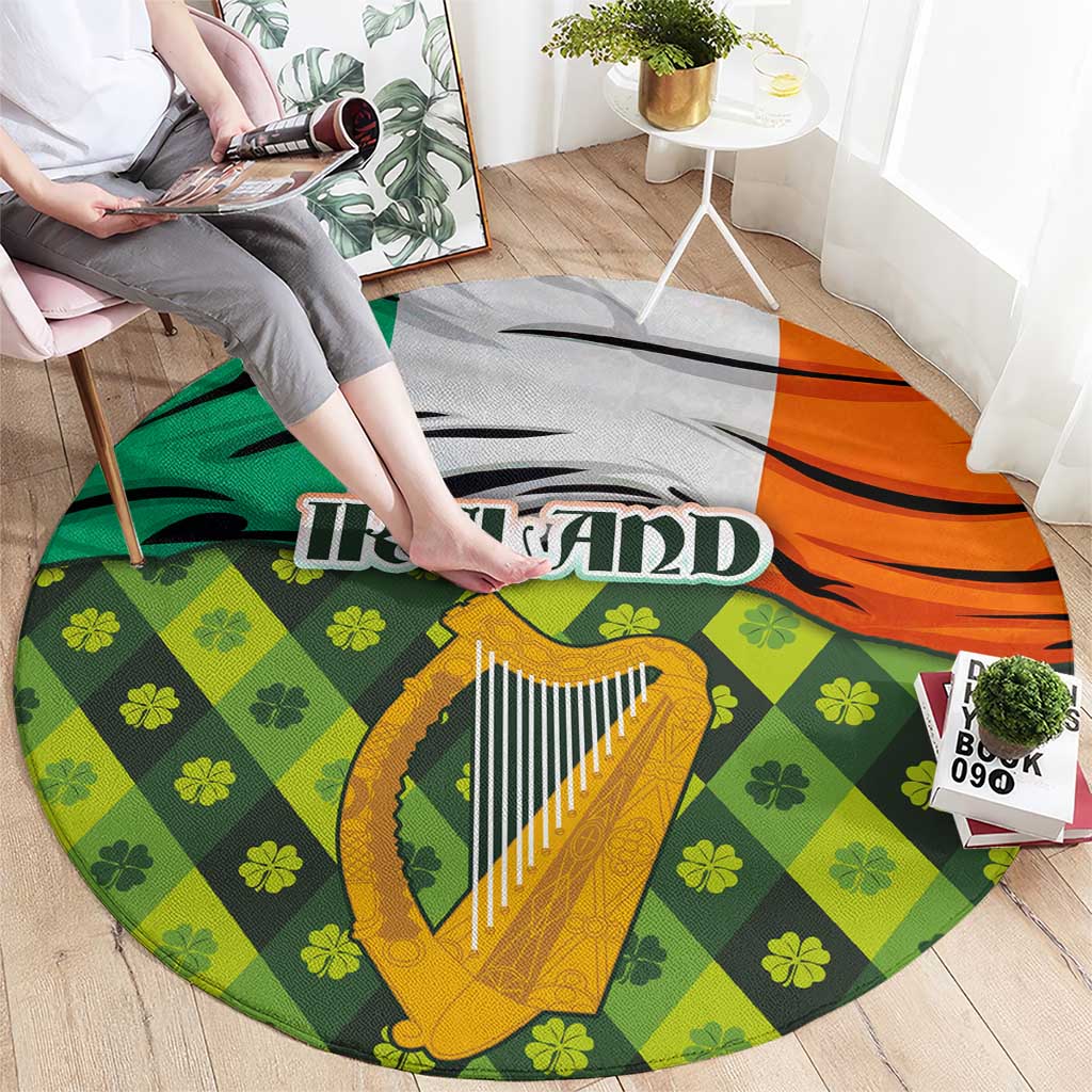 Ireland Round Carpet with Irish Flag Harp and Shamrock Pattern Design