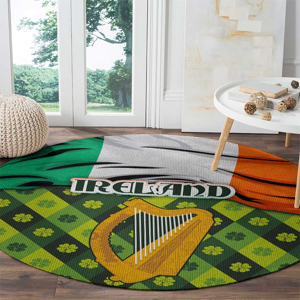 Ireland Round Carpet with Irish Flag Harp and Shamrock Pattern Design