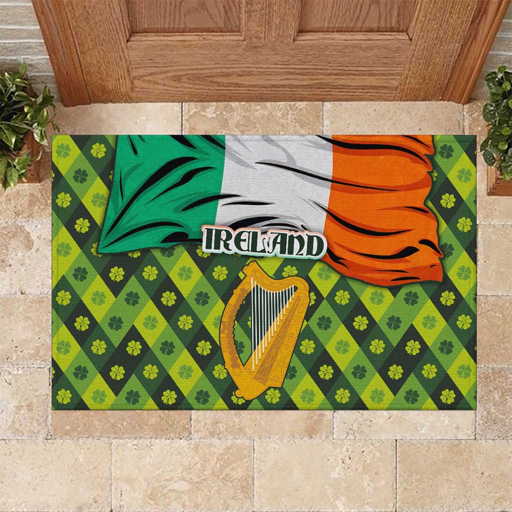 Ireland Rubber Doormat with Irish Flag Harp and Shamrock Pattern Design