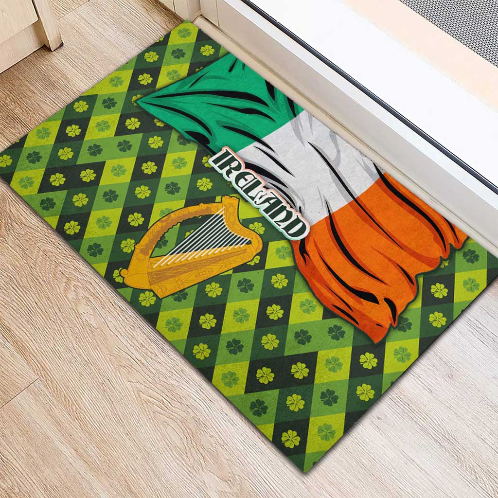 Ireland Rubber Doormat with Irish Flag Harp and Shamrock Pattern Design
