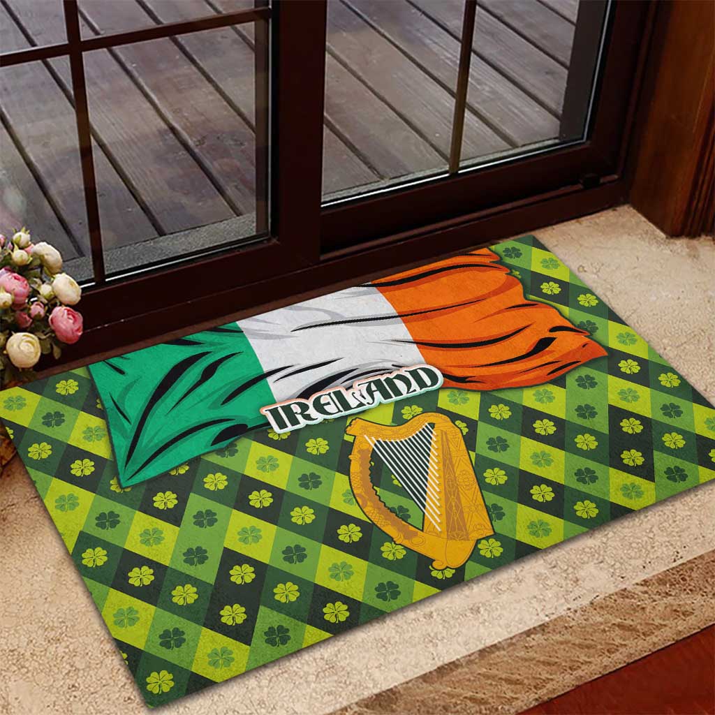 Ireland Rubber Doormat with Irish Flag Harp and Shamrock Pattern Design